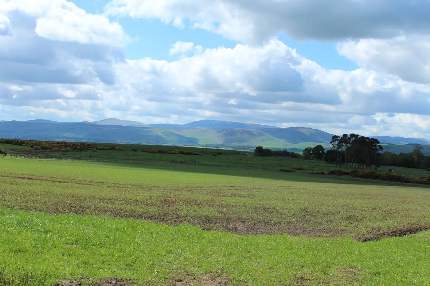 Green farmland and fields stretching towards distant hills under a blue sky